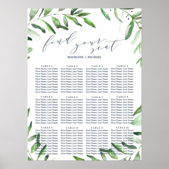 Sittplatsschemat för Olive Gren Boho Garden-bröllo Poster (Framsidan)