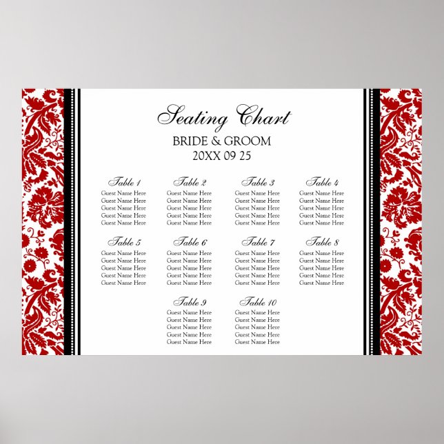 Sittplatta 10 Bord Red Black Damask Poster (Framsidan)