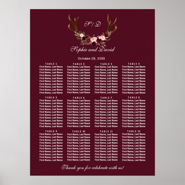 Sittschemat för Burgundy Marsala Blommigt Antlers Poster (Framsidan)
