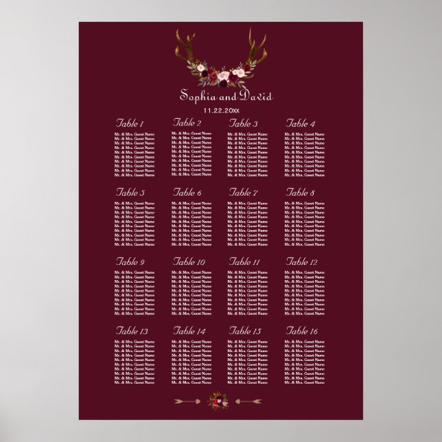 Sittschemat för Burgundy Marsala Blommigt Antlers Poster (Framsidan)