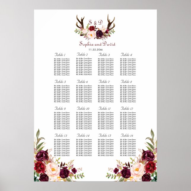 Sittschemat för Burgundy Marsala Blommigt Antlers Poster (Framsidan)