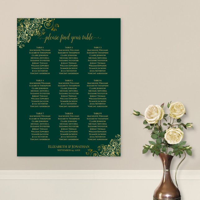 Sittschemat i Bord Bröllop, Emerald Grönt och Guld Poster (In Situ on Wall with Flowers)