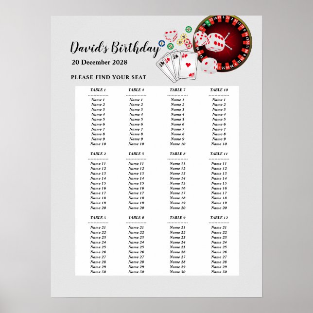 Sittskylt för CASINO party, säte för födelsedagsfe Poster (Framsidan)