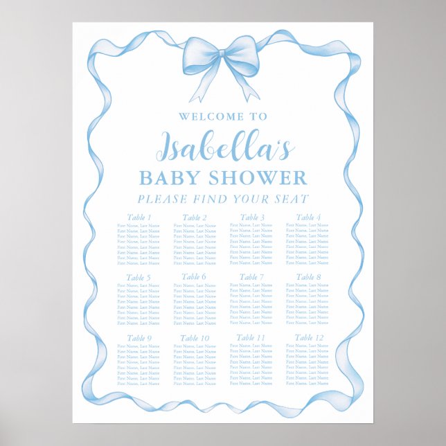 Sittskylt för Dusty Blue Bow Boy Shower Sittdiagra Poster (Framsidan)