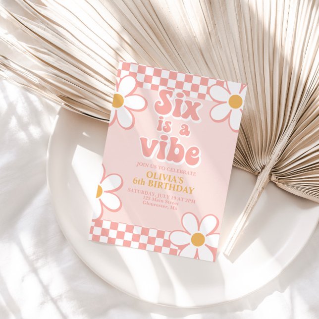 Six är en stämning Retro Check Rosa Tusenskönor Inbjudningar (Skapare uppladdad)