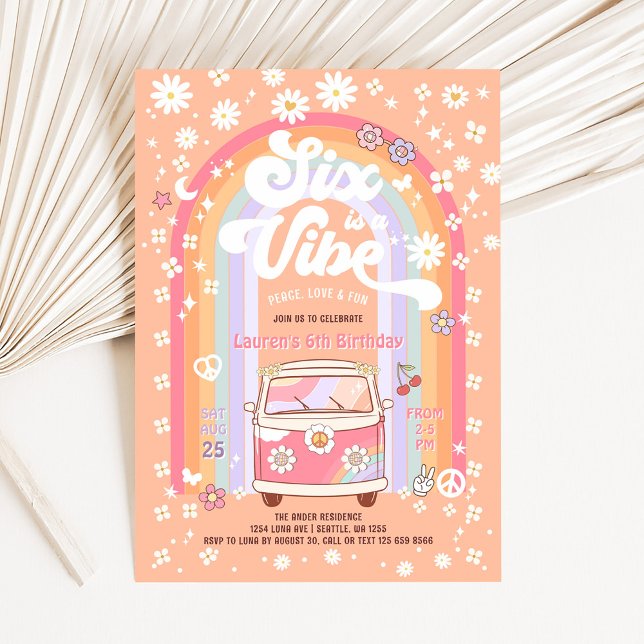 SIX är en Vibe Daisy Groovy Hippie 6e Birthday Inbjudningar (Skapare uppladdad)