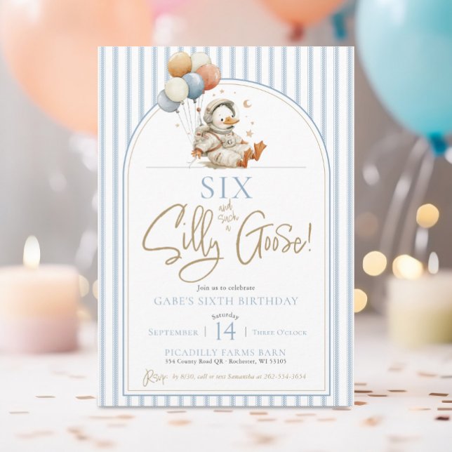SIX Dumma Gås Rymd Astronaut Pojke 4-årsdag Inbjudningar (SIX Silly Goose blue ticking pinstripes modern arch cute space astronaut boy 6th birthday invitation)