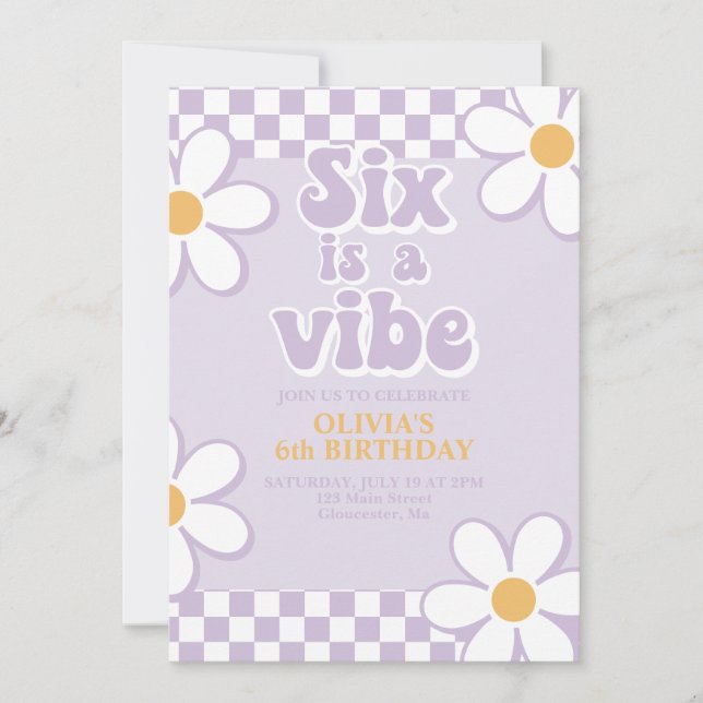 Six is a Vibe Retro Check Lila Tusenskönor Inbjudningar (Framsida)