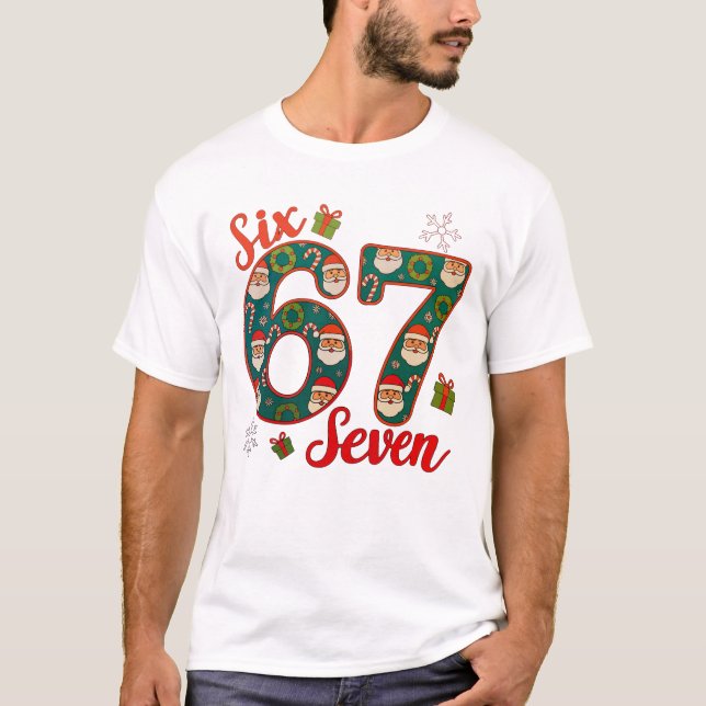 Six Seven 67 6 7 Meme Christmas Xmas Santa Hat T Shirt (Framsida)