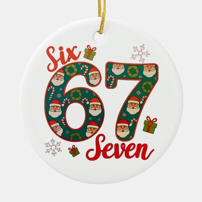 Six Seven 67 6 7 Meme Jul Xmas Tomte Hatt Julgransprydnad Keramik (Framsidan)