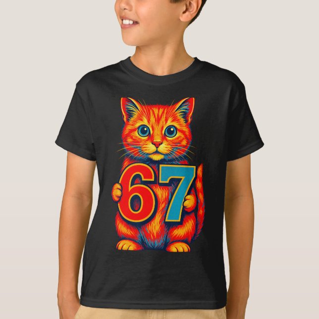 Six Seven 67 Meme 6 7 Cat Youth Boy Girl  T Shirt (Framsida)