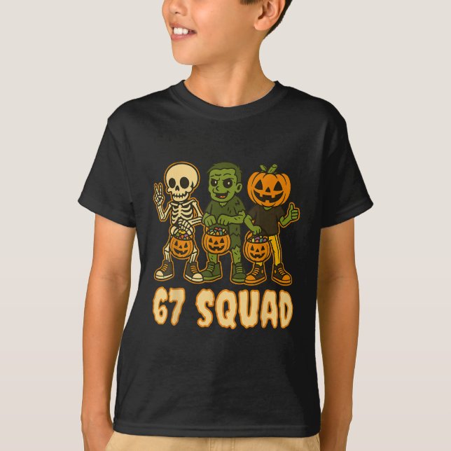 Six Seven 67 Squad Skeleton Pumpkin Halloween Boys T Shirt (Framsida)