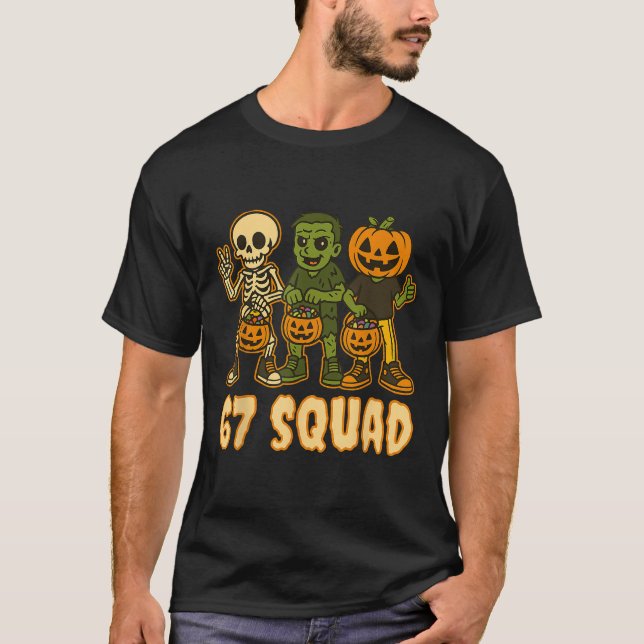 Six Seven 67 Squad Skeleton Pumpkin Halloween Boys T Shirt (Framsida)