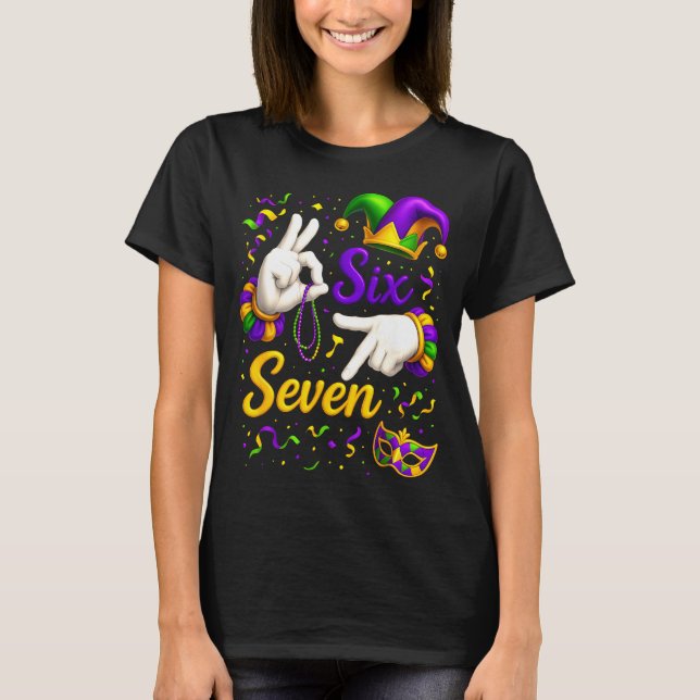 Six Seven 6 7 Meme Mardi Gras Jester Hand Sign Fat T Shirt (Framsida)