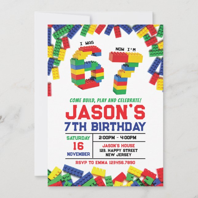 Six Seven Building Blocks Birthday Invitation Inbjudningar (Framsida)