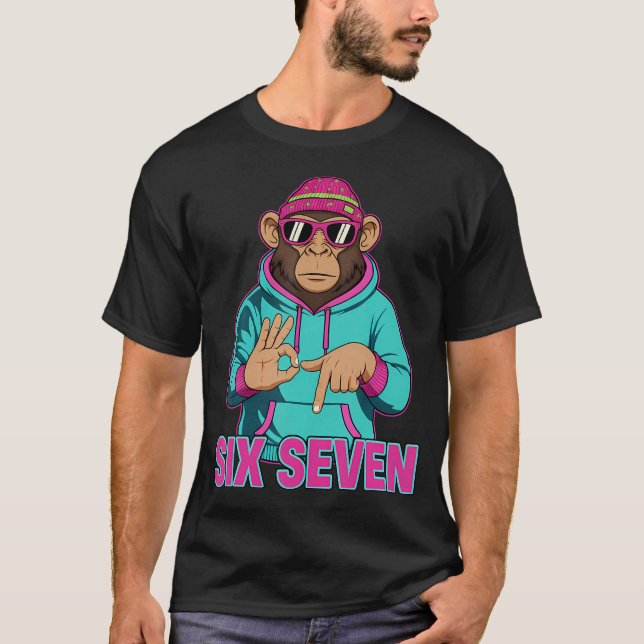 Six Seven Meme Cute Monkey 67 Funny Gen Z Apha Sla T Shirt (Framsida)
