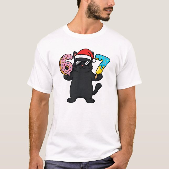 Six Seven Meme Svart Katt Julpresent Tee (Framsida)