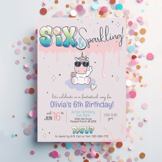 SIX & Sparkling Unicorn Graffiti Girl 6e Birthday Inbjudningar (Cute Six & Sparkling retro stars pink purple kawaii unicorn theme graffiti 6th birthday invitation)