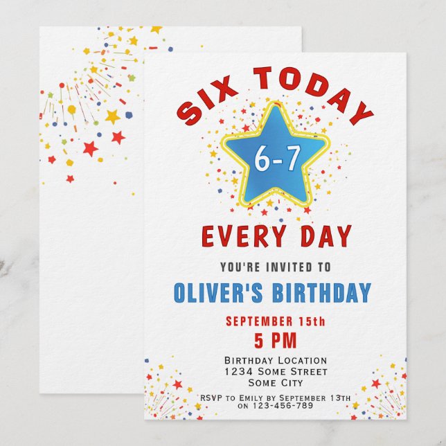 Six Today 6 7 Every Day Meme Star 6th Birthday  Inbjudningar (Fram/baksida)