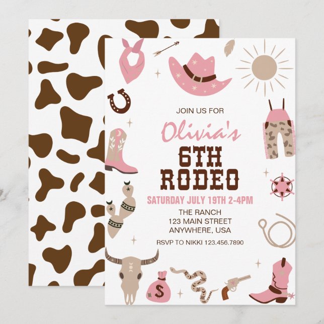 Sixth Rodeo Pink Western 6th Birthday Inbjudningar (Fram/baksida)
