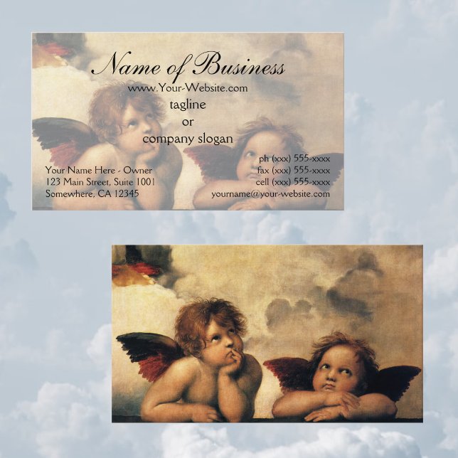 Sixtinska madonnans änglar av Rafael Raffaello Visitkort (Sistine Madonna Angels by Raphael features two angels looking upwards towards the clouds and heaven.)