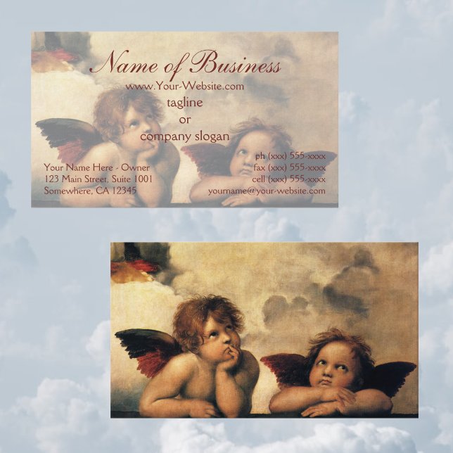 Sixtinska madonnans änglar av Rafael Raffaello Visitkort (Sistine Madonna Angels by Raphael features two angels looking upwards towards the clouds and heaven.)