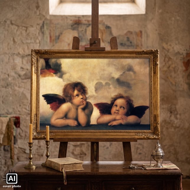 Sixtinska madonnans änglar av Rafael Sanzio Poster (Sistine Madonna (detail) by Raphael is a vintage Renaissance fine art religious portrait painting.)