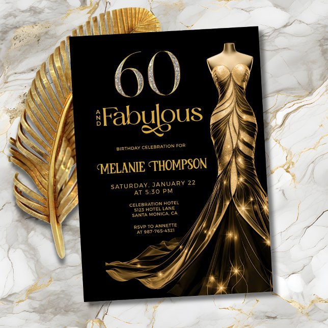Sixty and Fabulous Gold Dress 60th Birthday Inbjudningar (Sixty and Fabulous Black with Gold Dress Birthday Invitation, with Gold and Diamond 60.)