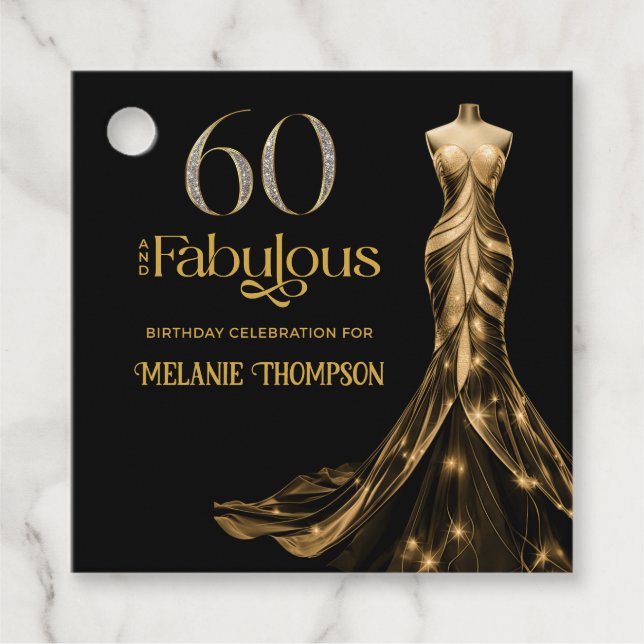 Sixty and Fabulous Gold Dress Black 60th Birthday Gåvor Etiketter (Framsida)