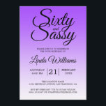 Sixty and Sassy Purple Ombre 60th Birthday Inbjudningar<br><div class="desc">Sixty and Sassy Purple Ombre 60th Birthday Invitation card featuring dramatic black script typography over a vibrant purple ombré background that fades into a soft lavender tone. The playful headline sets a confident, celebratory mood, while the clean layout highlights the honoree’s name and event details with clarity. Ideal for a...</div>