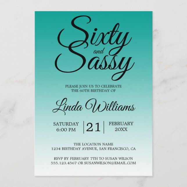 Sixty and Sassy Teal Ombre 60th Birthday Inbjudningar (Framsida)