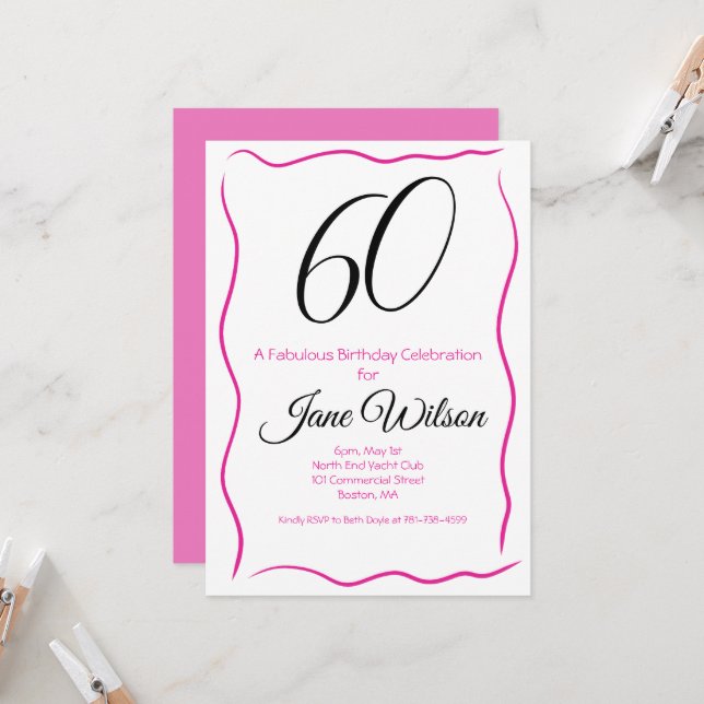  Sixty & Fabulous Invitation Chic Pink & Black Inbjudningar (Fram/Back In Situ)