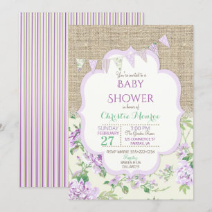 Sjabb rustik lantlig chic lavendel spets jute inbjudningar