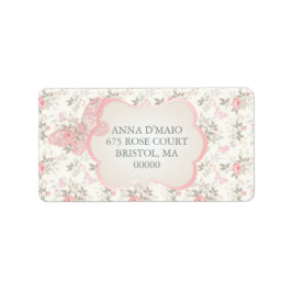 Sjabbiga antika rosa rosor Damask fjäril Adressetikett
