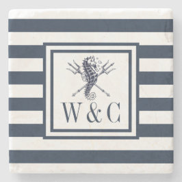 Sjähäst Nautilus Monogram Marinblå Rand Stenunderlägg