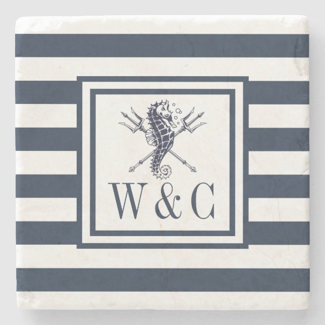 Sjähäst Nautilus Monogram Marinblå Rand Stenunderlägg (Framsidan)