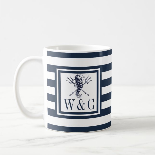 Sjähästmonogram Marinblå Rand Sjöfart Kaffemugg (Vänster)
