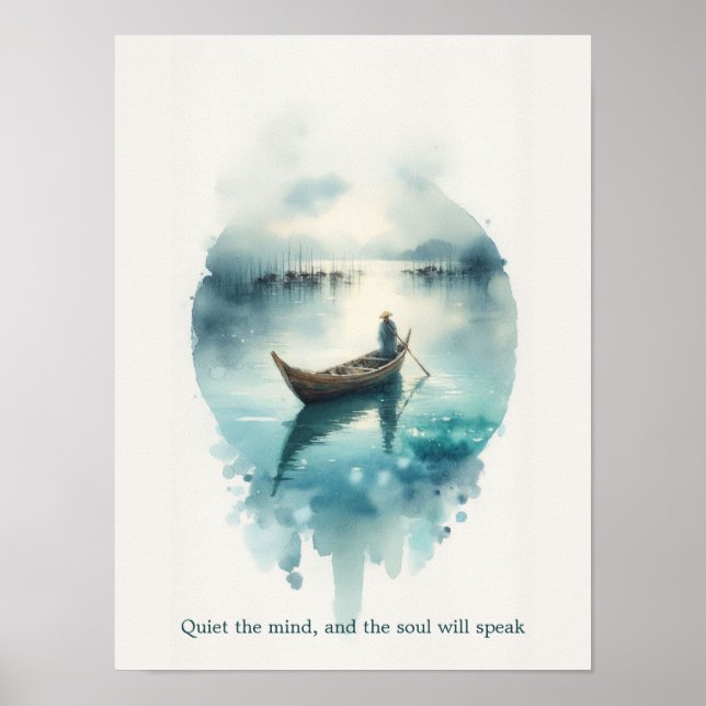 Själfull Tystnad: Minimalistisk Akvarell Båt Citat Poster (Framsidan)