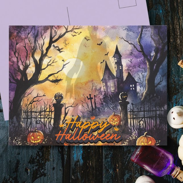 Själskt glödande spökhus Halloween Helg Vykort (Just a ghost casually haunting the property value. 👻🏚️
)