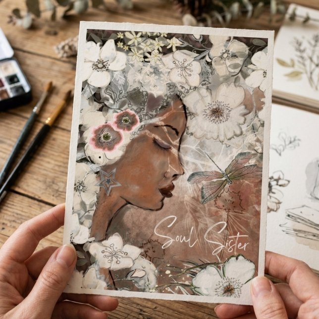Själsyster Boho Blommig Platt Greetingkort Julkort (Soul Sister Boho Floral Flat Greeting Card)
