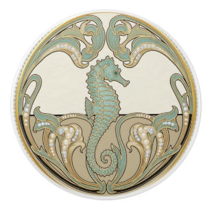Självhäst Grön Kräm & Guld Art Deco Nouveau Ocean Knopp
