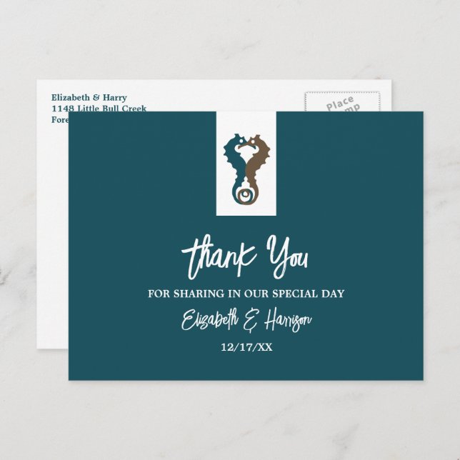 Självhästromans, strandbröllop tackkort vykort (Fram/baksida)