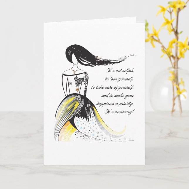Självinspirerande KÄRLEK illustrerade dam citat Kort (Gul blomma)