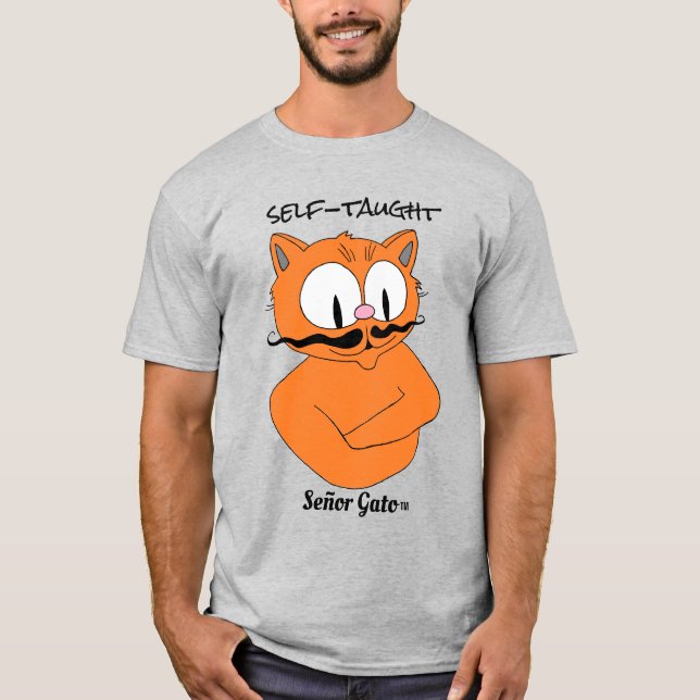 Självlärd Tecknad Mustasch katt T Shirt (Framsida)