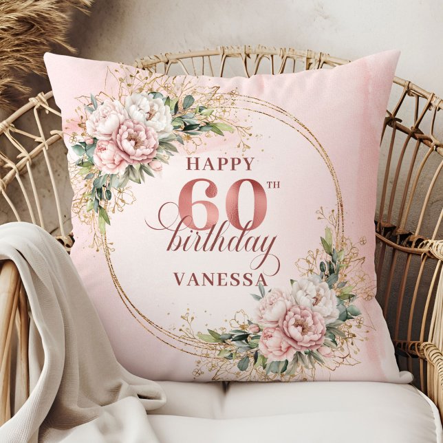 Självlysande akvarell Rosa Guld Blommig 60-årsdag Kudde (Stunning Watercolor Rose Gold Floral 60th birthday pillow)