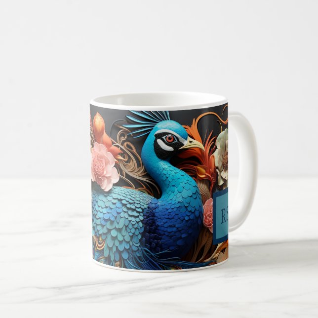 Självlysande anpassad monogram påfågelmugg kaffemugg (Framsida höger)