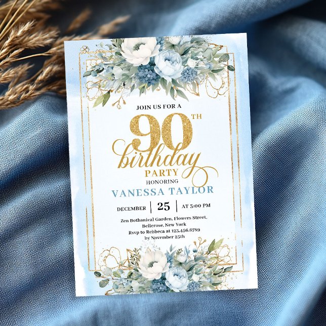 Självlysande pastellblå guld ram 90-årsdag  inbjudningar (Stunning pastel blue gold frame 90th birthday invite)