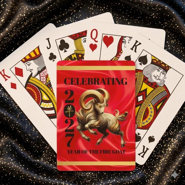 Självlysande röd-guld kinesiskt år för eldens get  casinokort (Stunning Red & Gold Chinese Year of the Fire Goat 2027 Playing Cards Cover Photo)