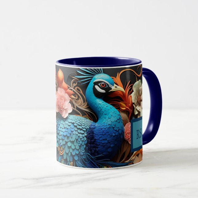Självlysande skräddarsydd monogram påfågelmugg mugg (Framsida höger)