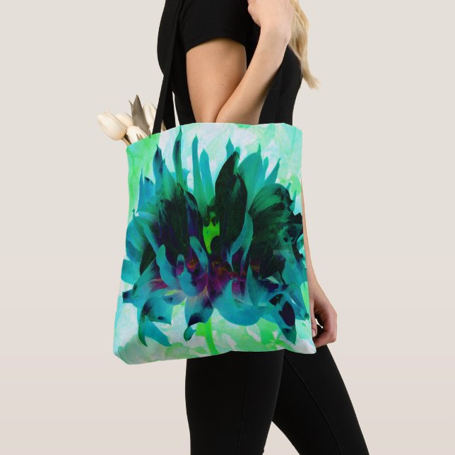 Självlysande teal och svart kaktus-dahlia tygkasse (Närbild)
